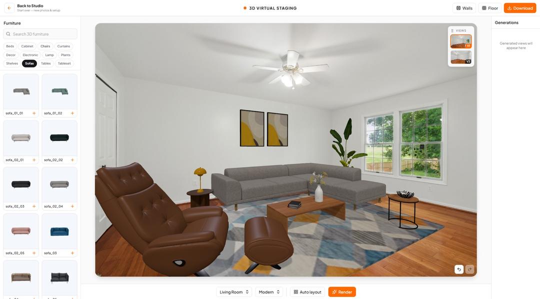 The editor after Auto layout — a sofa, armchair, rug and coffee table placed in the room