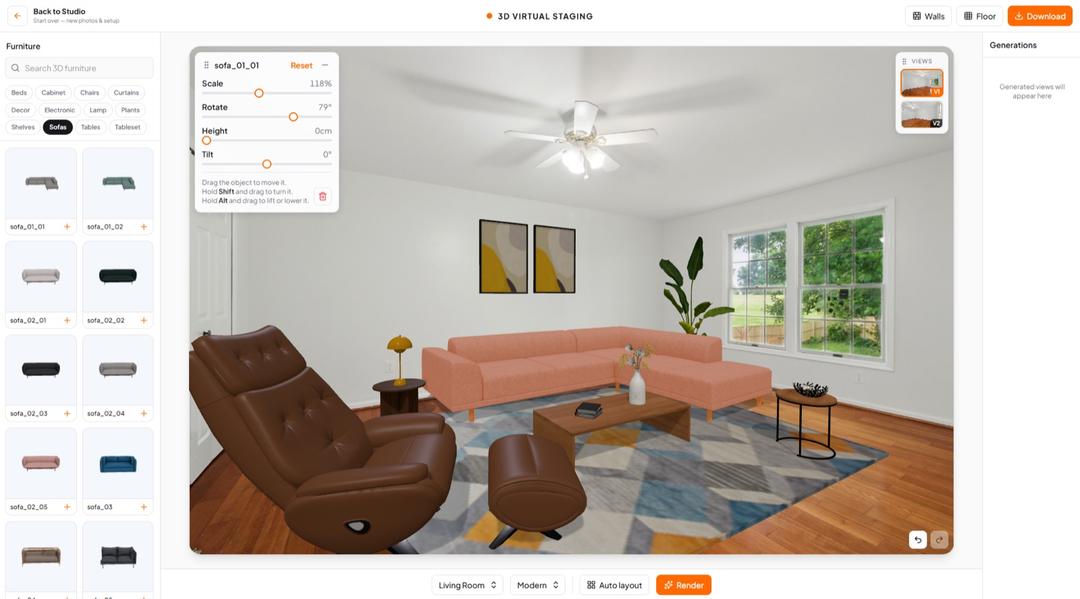 The sofa selected, with scale, rotate, height and tilt sliders open