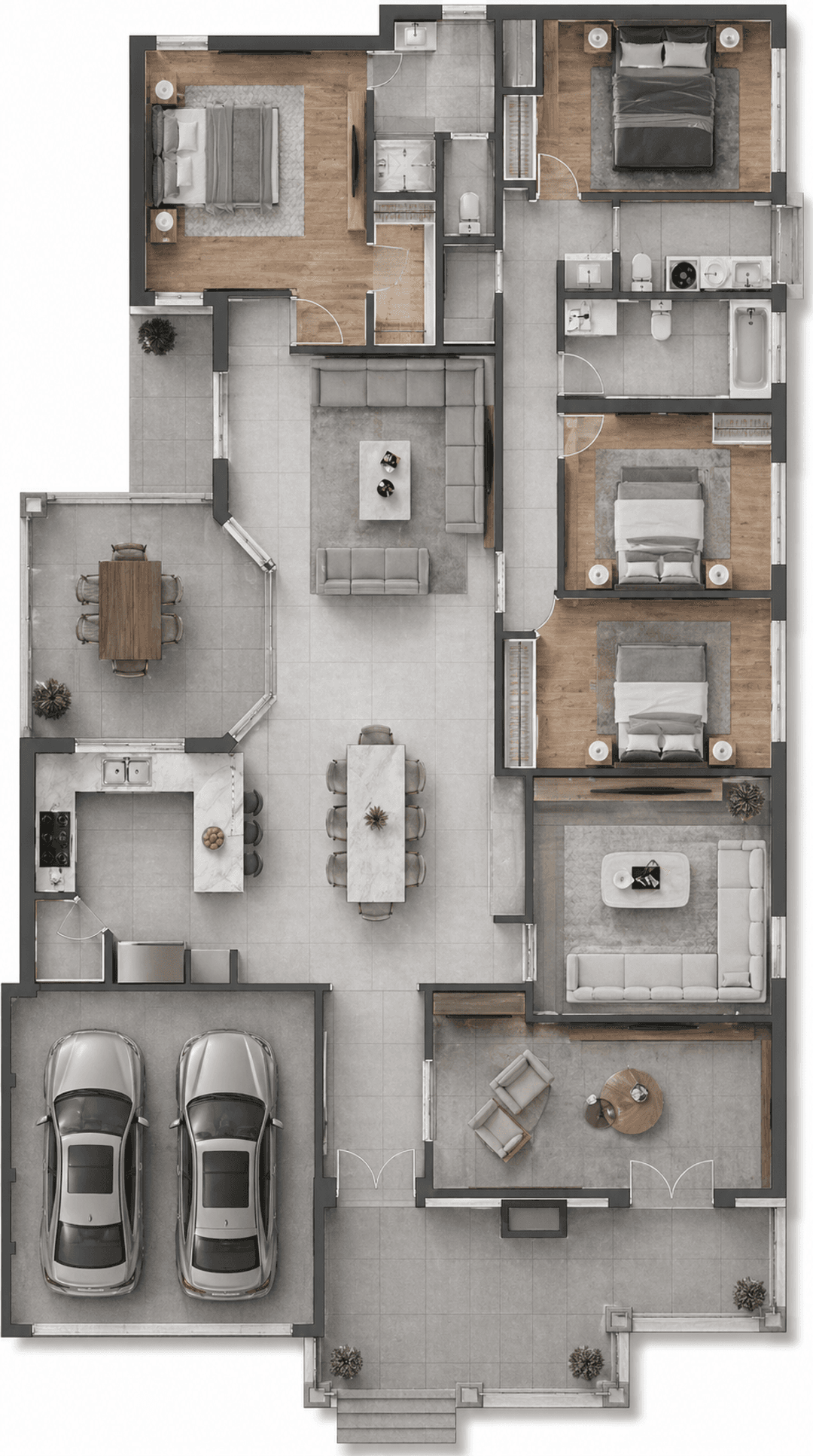 3D rendered floor plan generated from a 2D plan