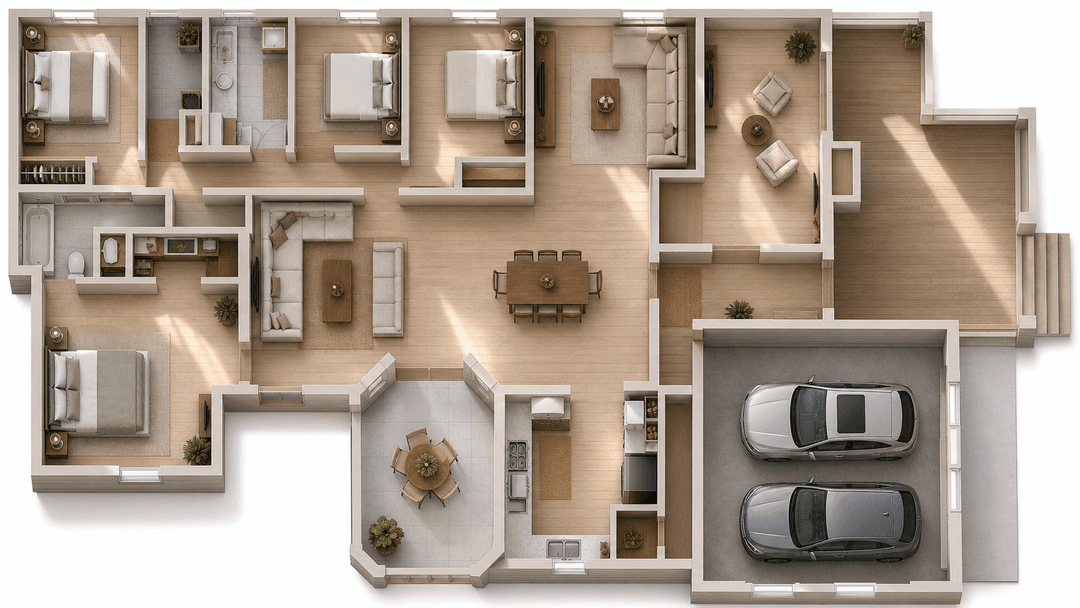 3D rendered floor plan generated from a 2D plan