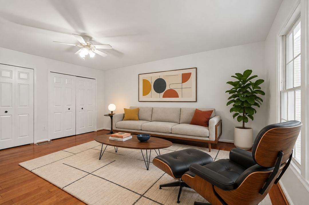 Staged living room, first angle