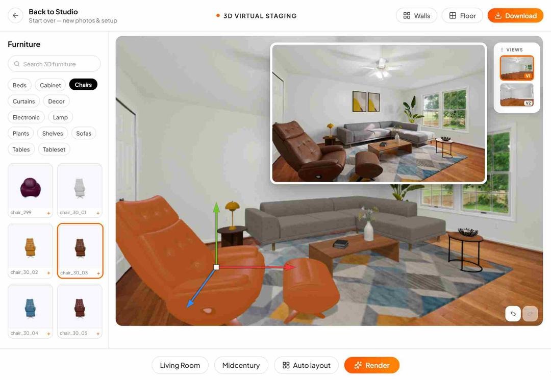 Edensign 3D staging editor placing real 3D furniture in a living room