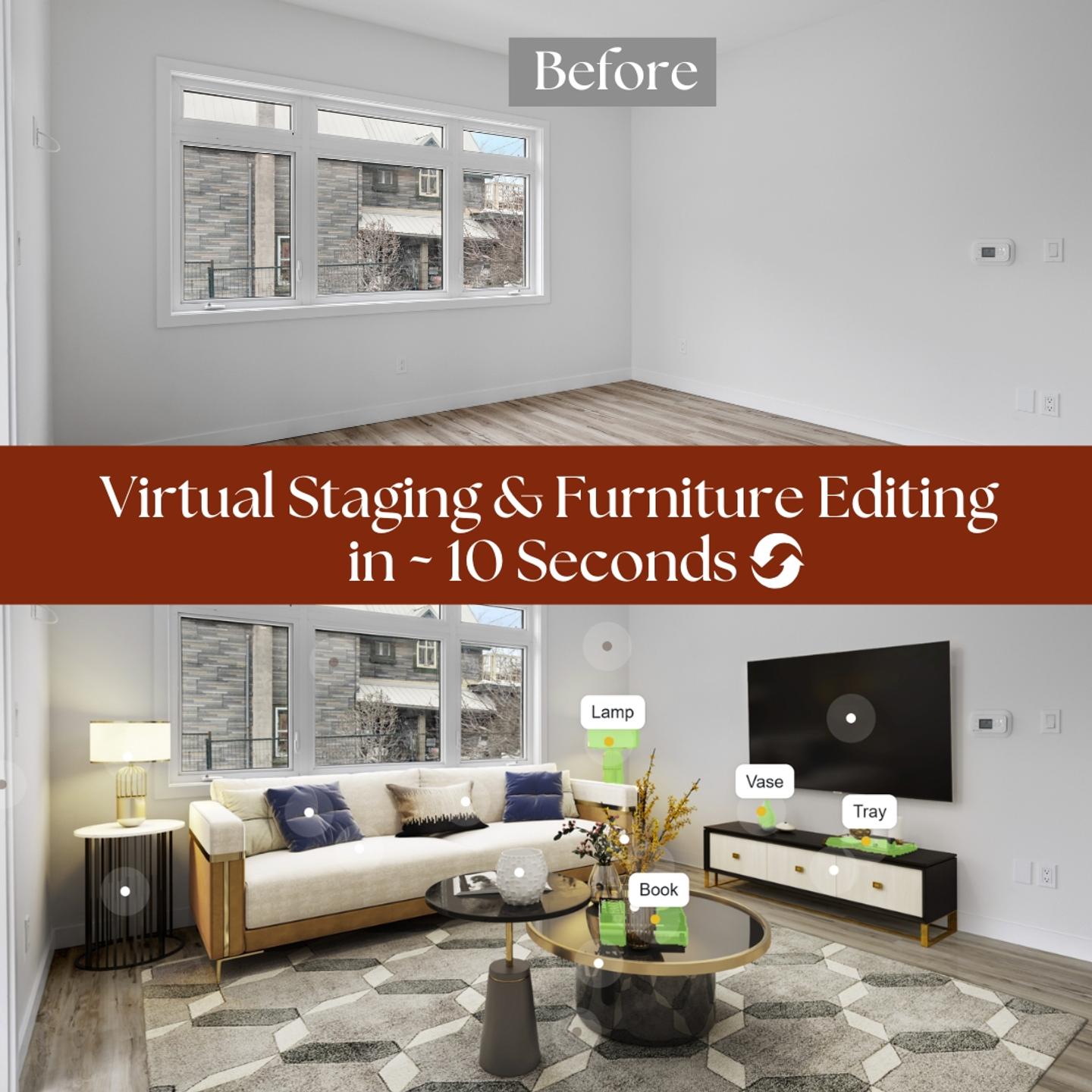 AI furniture editing replacing a single piece in a staged living room