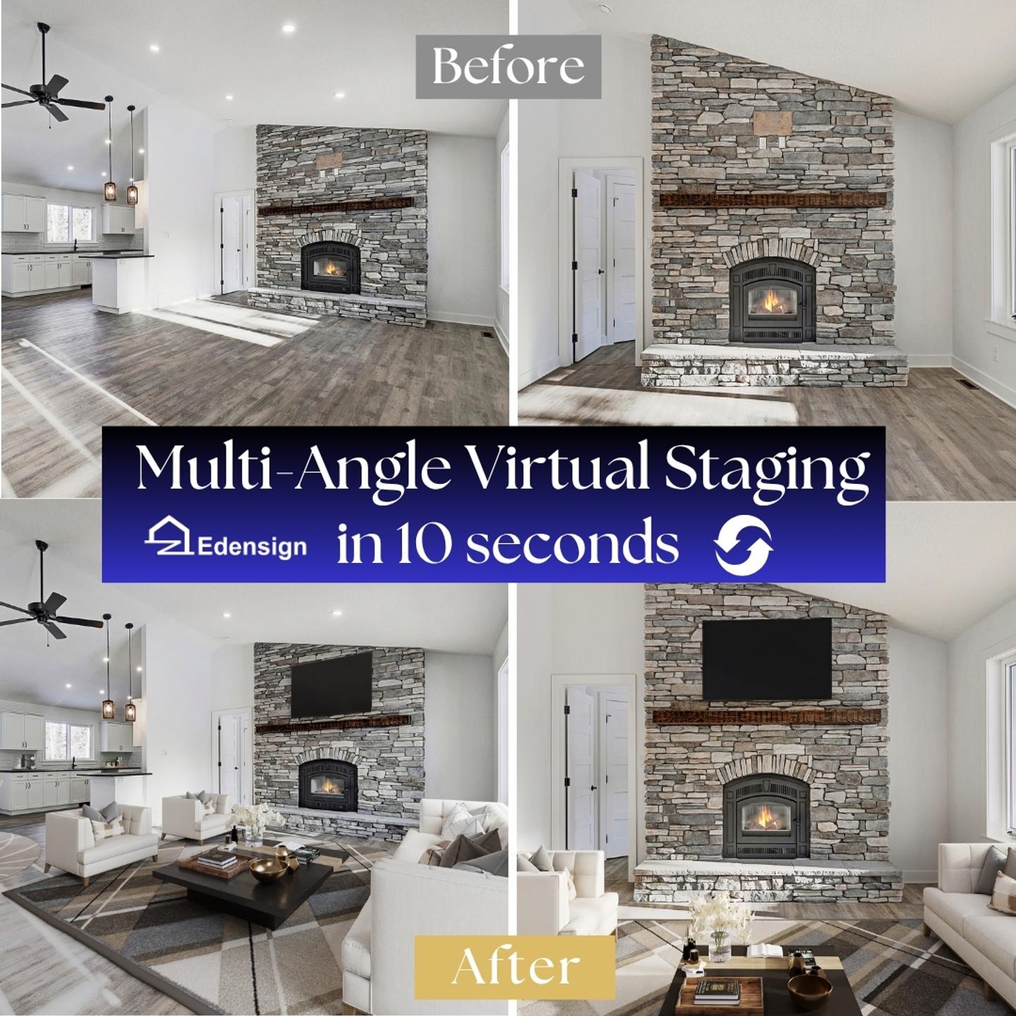 Multi-angle staged photos with consistent furniture placement