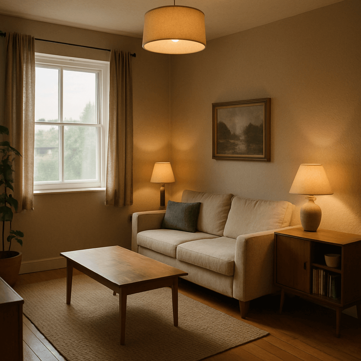 Interior shot of a room lit with both natural and artificial lighting