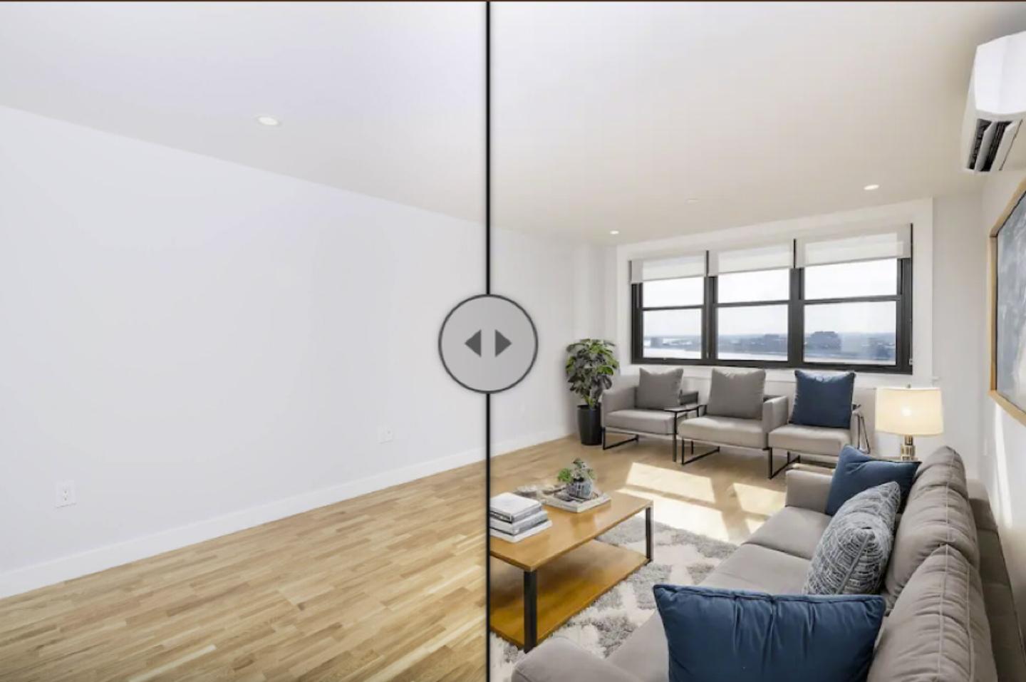 Transformation Impact: Virtual staging converts an empty, uninspiring space into a warm, inviting living area that helps buyers envision themselves at home.
