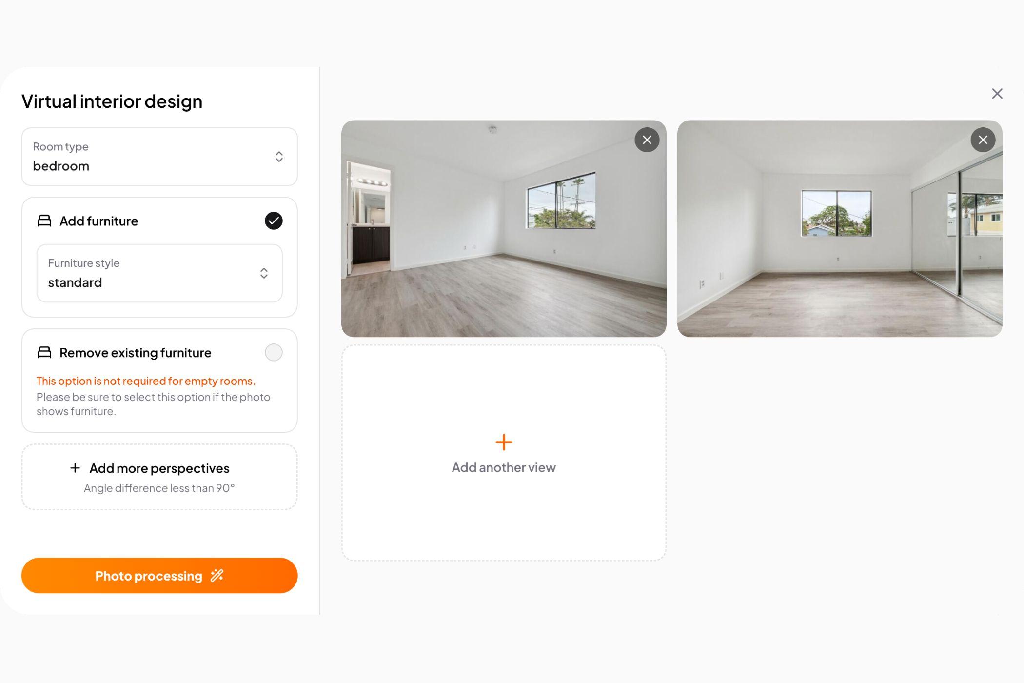 Edensign editor with two angles of the same empty bedroom uploaded and an "Add more perspectives" option for multi-view staging